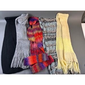 Lot of 5 Knit Scarves Bundle Infinity Fringed Cable Knit Multi Color Black Grey‎